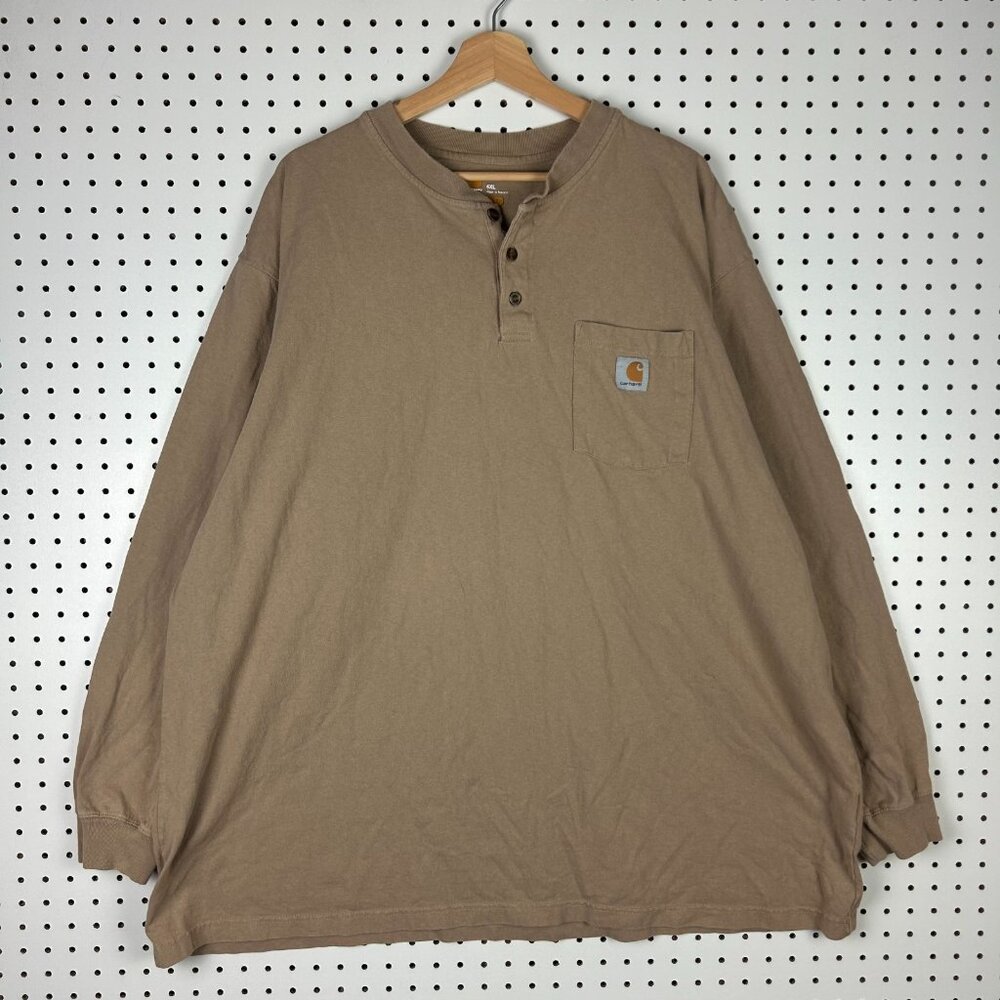 Carhartt Henley Long Sleeve T Shirt‎ Men 4XL Tan Brown Pocket Work Wear Dearborn
